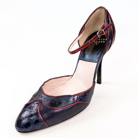 Lawrence Dacade Paris Alligator Lizard Leather Ankle Strap Pumps Heels - Picture 1 of 7